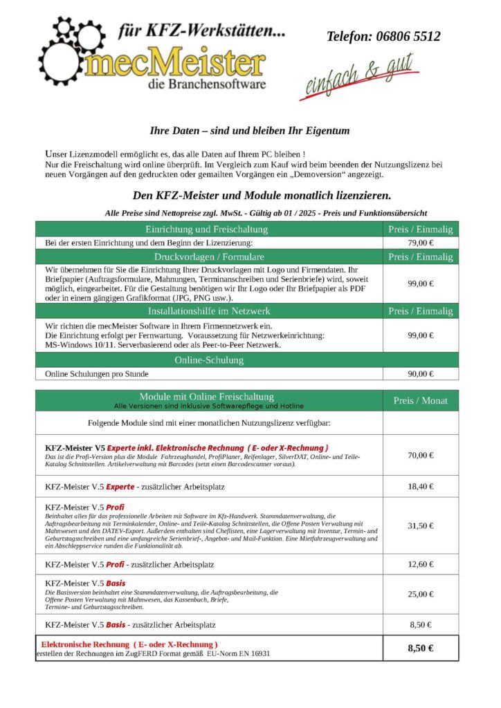 KFZMeisterV5 Online Preise 2025 v1 Seite 1
